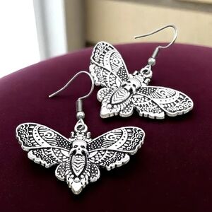 NEW Silver Handmade Metal Whimsigoth Witchy Goth Death Moth w/ Skulls Earrings